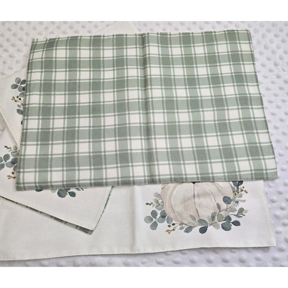 Reversible Fall Pumpkin Plaid Placemats Set Robert Stanley Eucalyptus Watercolor